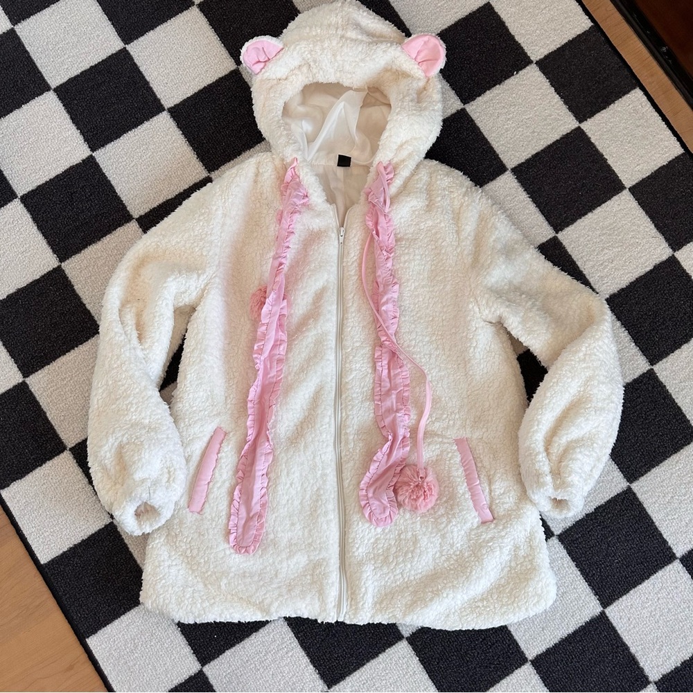 Romwe shein white fur sherpa coat with pink detail